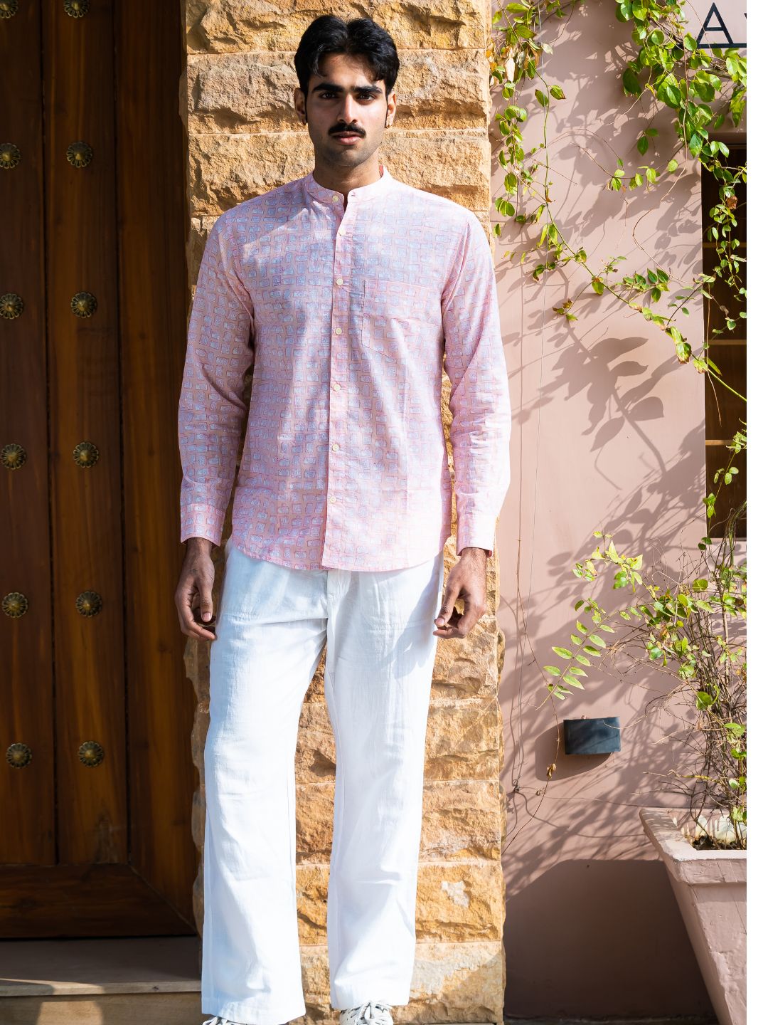 Full Sleeve Indian Hand Block Print Shirt Elegant Pink Printed Mandarin Collar Shirt 100% Cotton Fabric