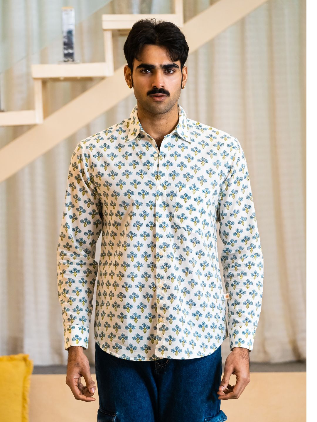 Full Sleeve Indian Hand Block Print Shirt Indigo Floral Buti Print Classic Shirt 100% Cotton Fabric